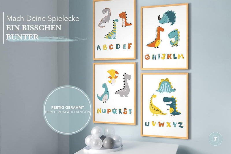 Papierschmiede® Kinderbilder 4er Set, A4 gerahmt in Holzrahmen (Natur), Geschenk für Jungen Wanddeko