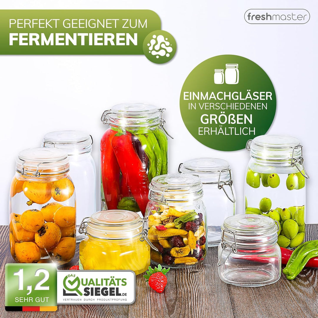 freshmaster Einmachgläser mit Deckel - Set aus bruchsicherem Glas mit Spezialdichtung und Edelstahl
