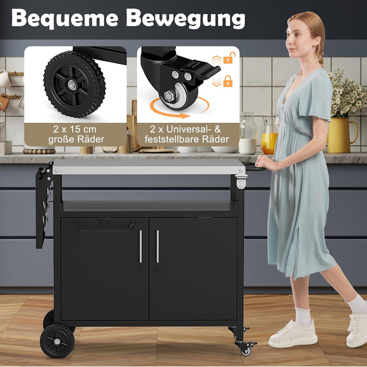 COSTWAY Grillwagen Outdoor, Grilltisch mit Edelstahlplatte, klappbarem Seitentisch, Schrank, 6 Haken