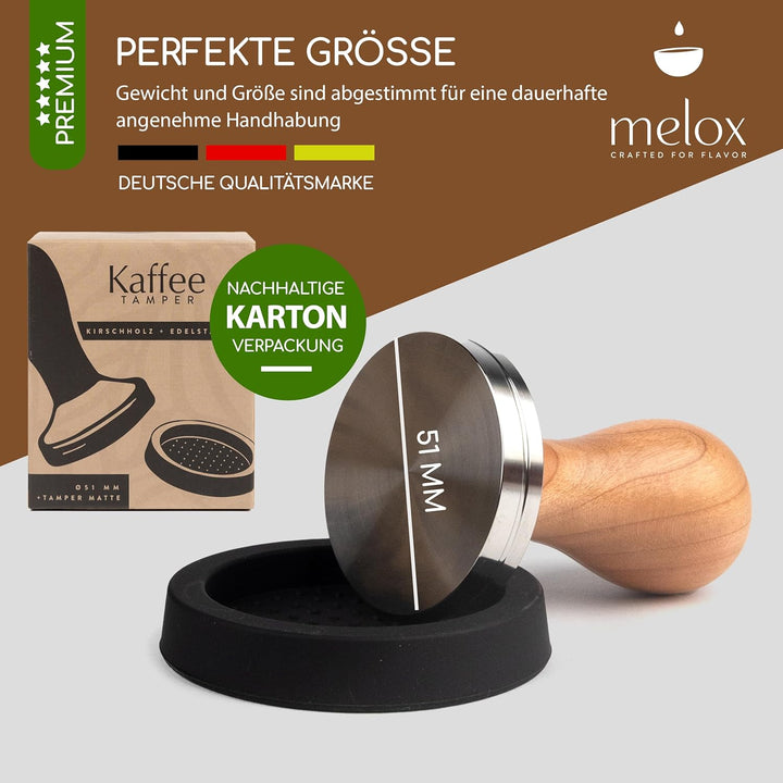 MELOX® - Premium Barista Tamper 51mm aus Edelstahl & Kirschholz (Klassisch) - Kaffee-Stampfer & Kaff