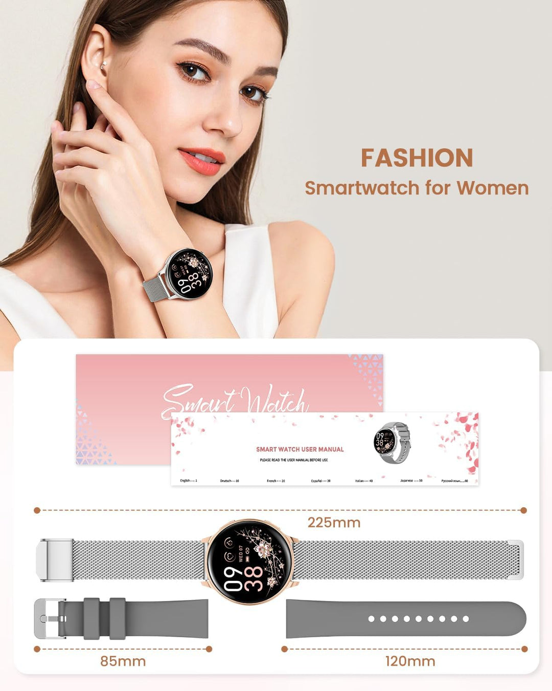 RUXINGX Smartwatch Damen, 1.27" Smart Watch Rund mit Telefonfunktion, 24H SpO2 Pulsuhr, Fitnessuhr m