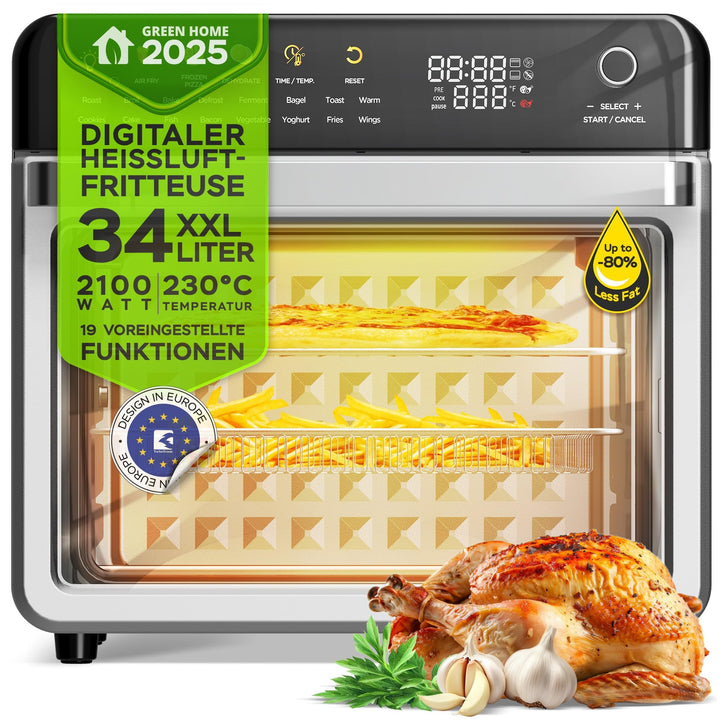 TurboTronic Multi-Smart-Ofen - 19in1 Heissluftofen & Heissluftfritteuse 2100W Power 34L bis 0,5 kg P