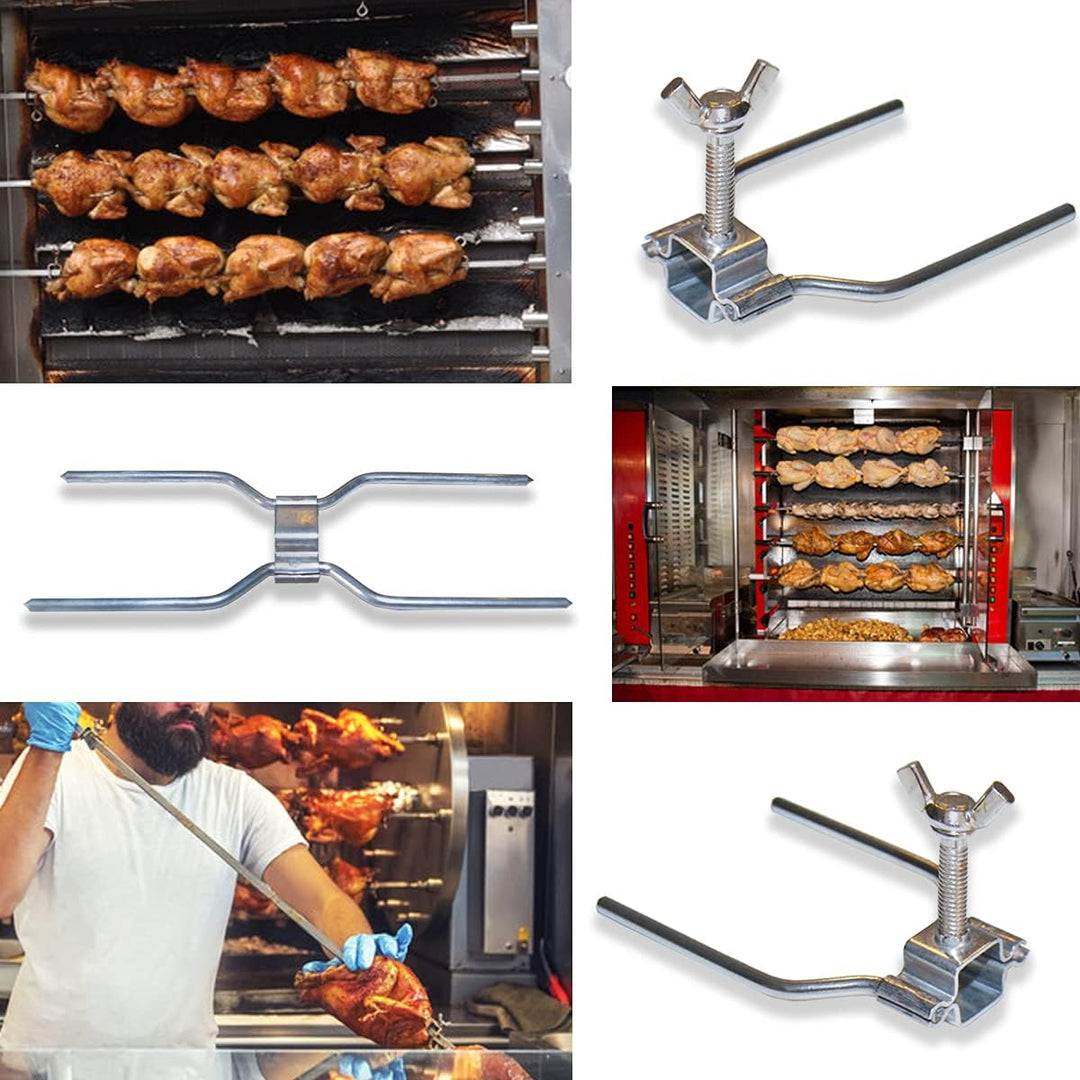 Hühnerspiess-Set aus Stahl, für professionelle Grills, Universal-Ersatzteil mit 3 Doppelklammern und