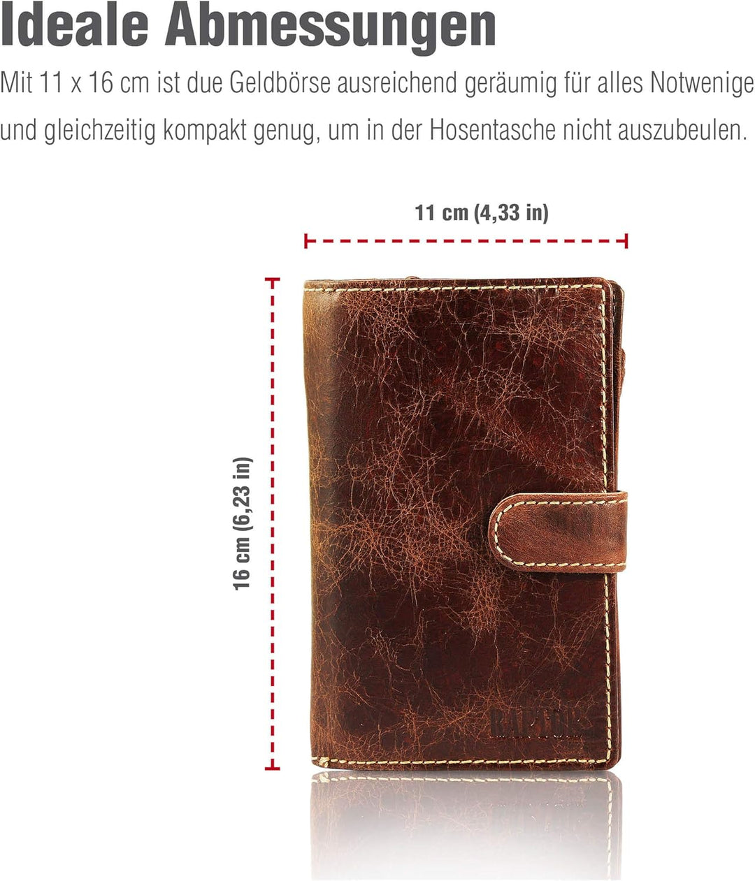 Raptor Damen-Geldbörse Echtleder Used Look 16x11cm Querformat RA40040 Braun, Braun