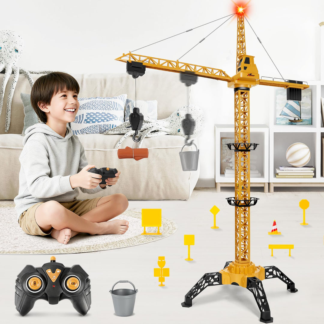 Herenear Ferngesteuerte Kran Spielzeug, 140 cm Hohe Spielzeug Kran Mit Hebehaken, 360° Drehung, Lich