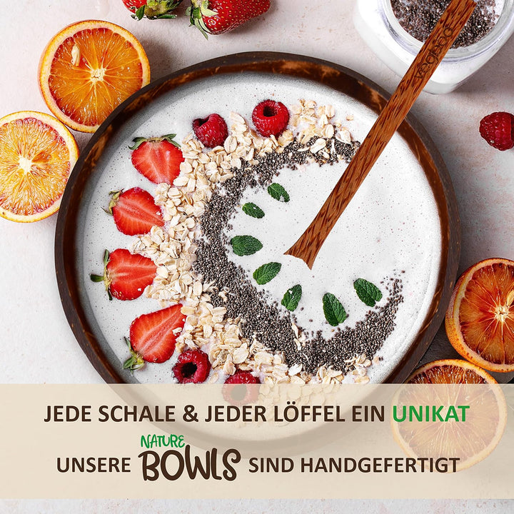 vegboo® Kokosnuss Schalen Set – 4er Set (14-teilig) mit Löffeln, Untersetzern & Jutebeutel – Handgef