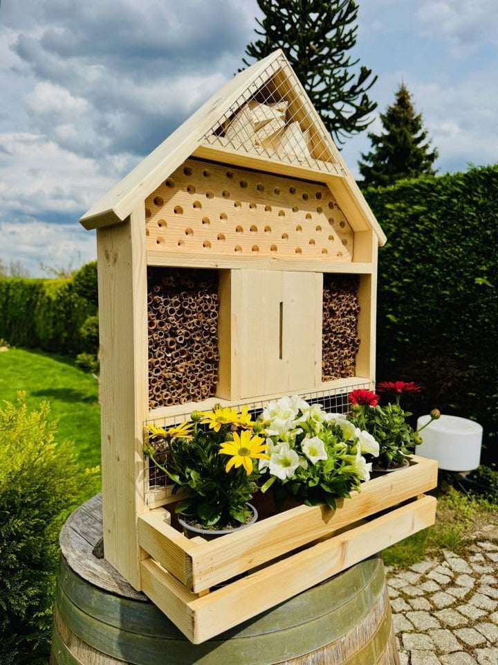 handgefertigtes Insektenhotel XL Wildbienen Nisthilfe I Insektenhaus mit Blumenkasten aus Holz und S