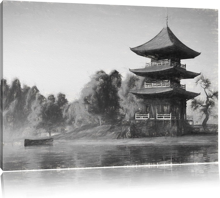Pixxprint asiatischer Tempel an See als Leinwandbild/Grösse: 100x70 cm/Wandbild/Kunstdruck/fertig be