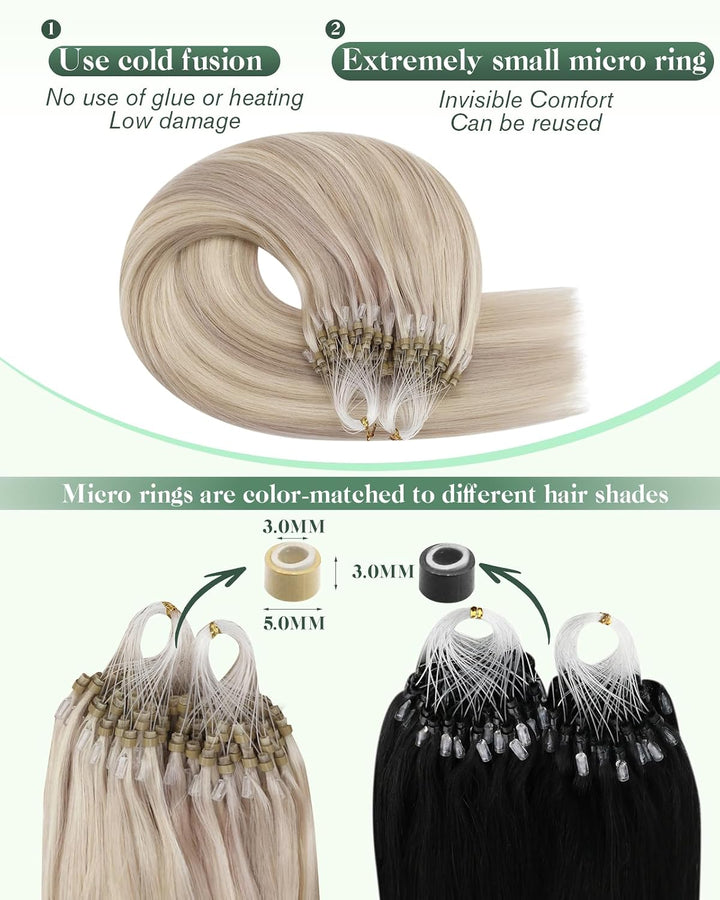 Ugeat Microring Haarverlängerung Echthaar 45cm P18/613 Aschblond mit Gebleichtes Blond Gesträhnt Mic