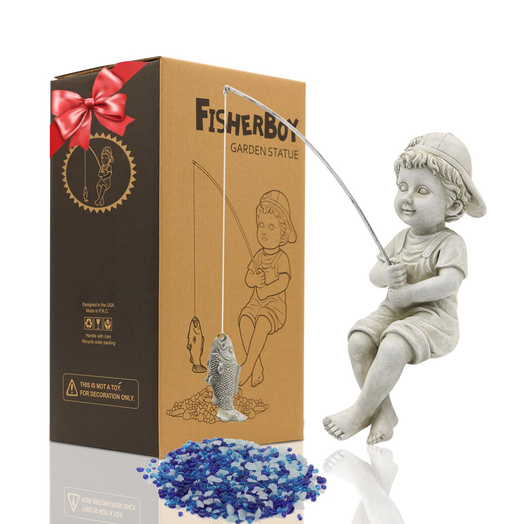 Yeomoo Angeln Little Boy Deko Gartenfiguren für Draussen, Lustig Kinder Fischer Figur Gartendeko für