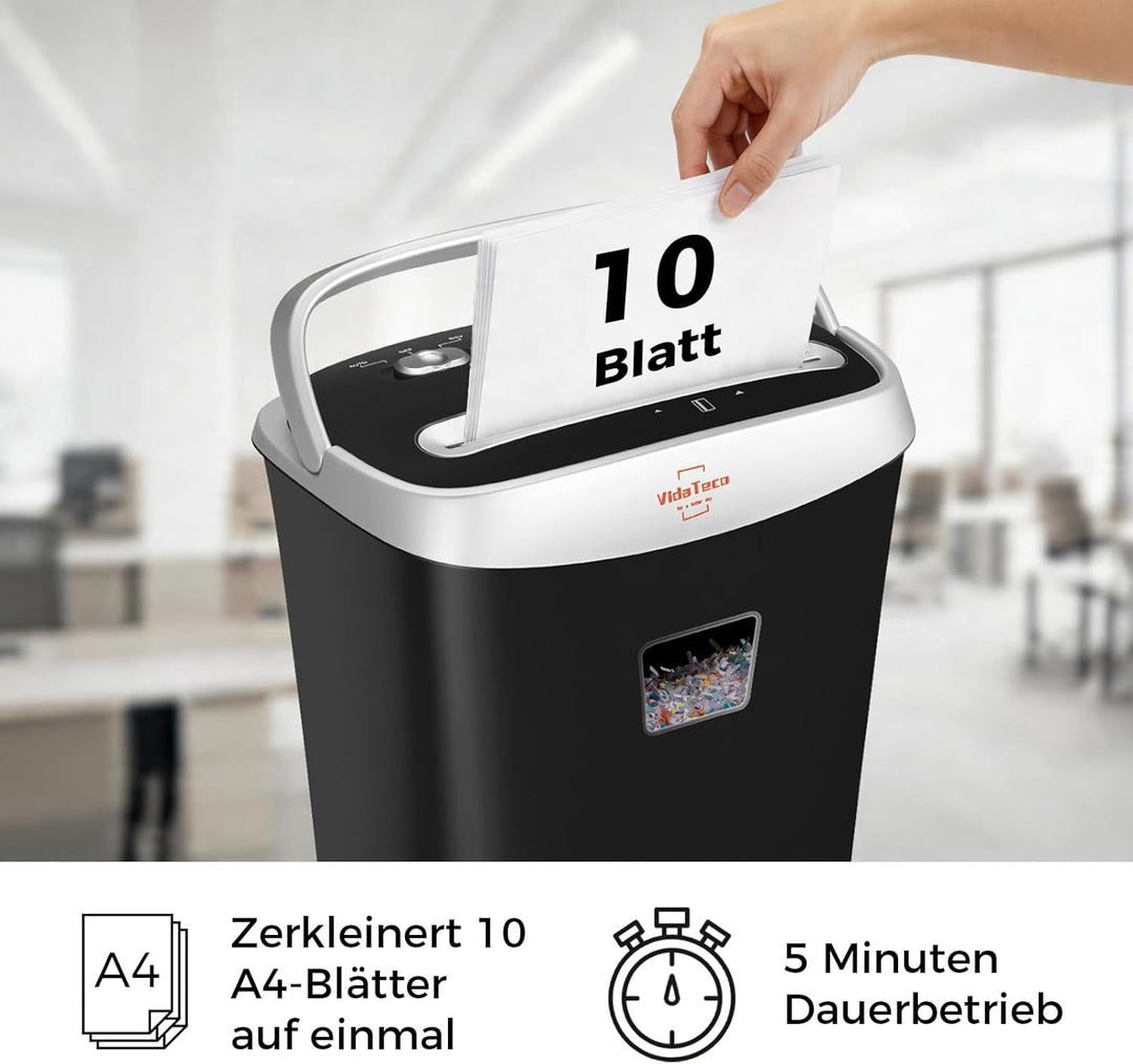 Schredder Aktenvernichter, VidaTeco 10 Blatt Kreuzschnitt Papierschredder für Kreditkarten/Heftklamm