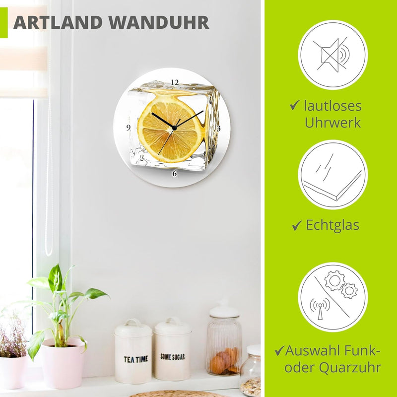 ARTLAND Wanduhr ohne Tickgeräusche Glas Funkuhr Ø 30 cm Rund Lautlos Obst Früchte Zitrone im Eiswürf