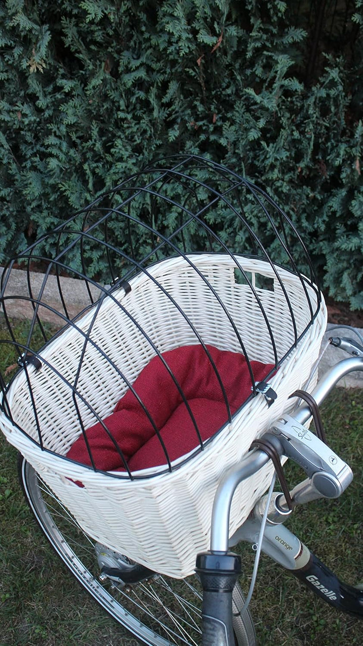 Hundefahrradkorb für Fahradlenker aus Weide mit Metallgitter und Kissen L, XL oder XXL in Weiss (XXL