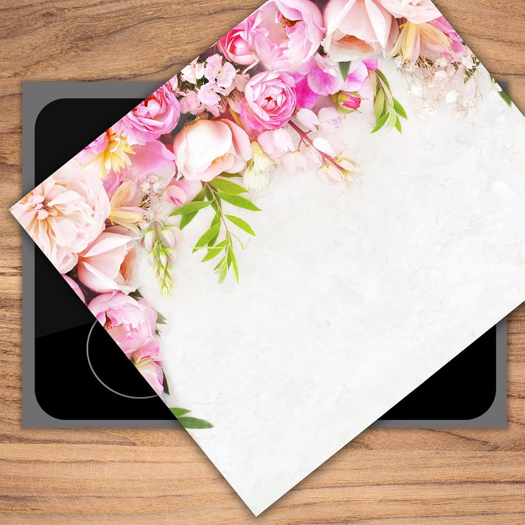 SmartDecoration Herdabdeckplatte Ceranfeldabdeckung aus Glas 60x52 cm Einteilig Motiv "Blumen" Weiss