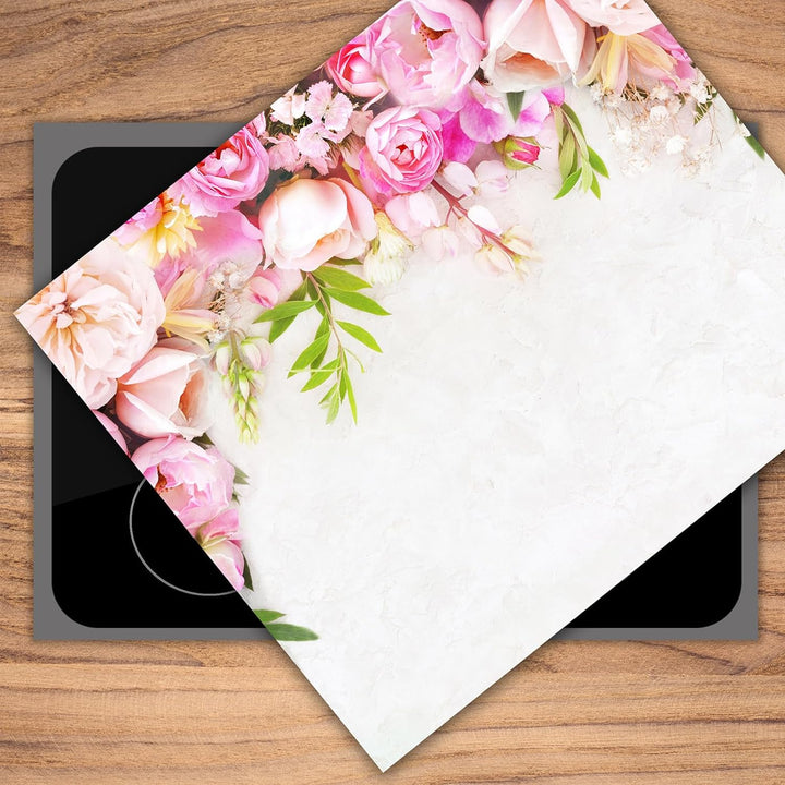 SmartDecoration Herdabdeckplatte Ceranfeldabdeckung aus Glas 60x52 cm Einteilig Motiv "Blumen" Weiss