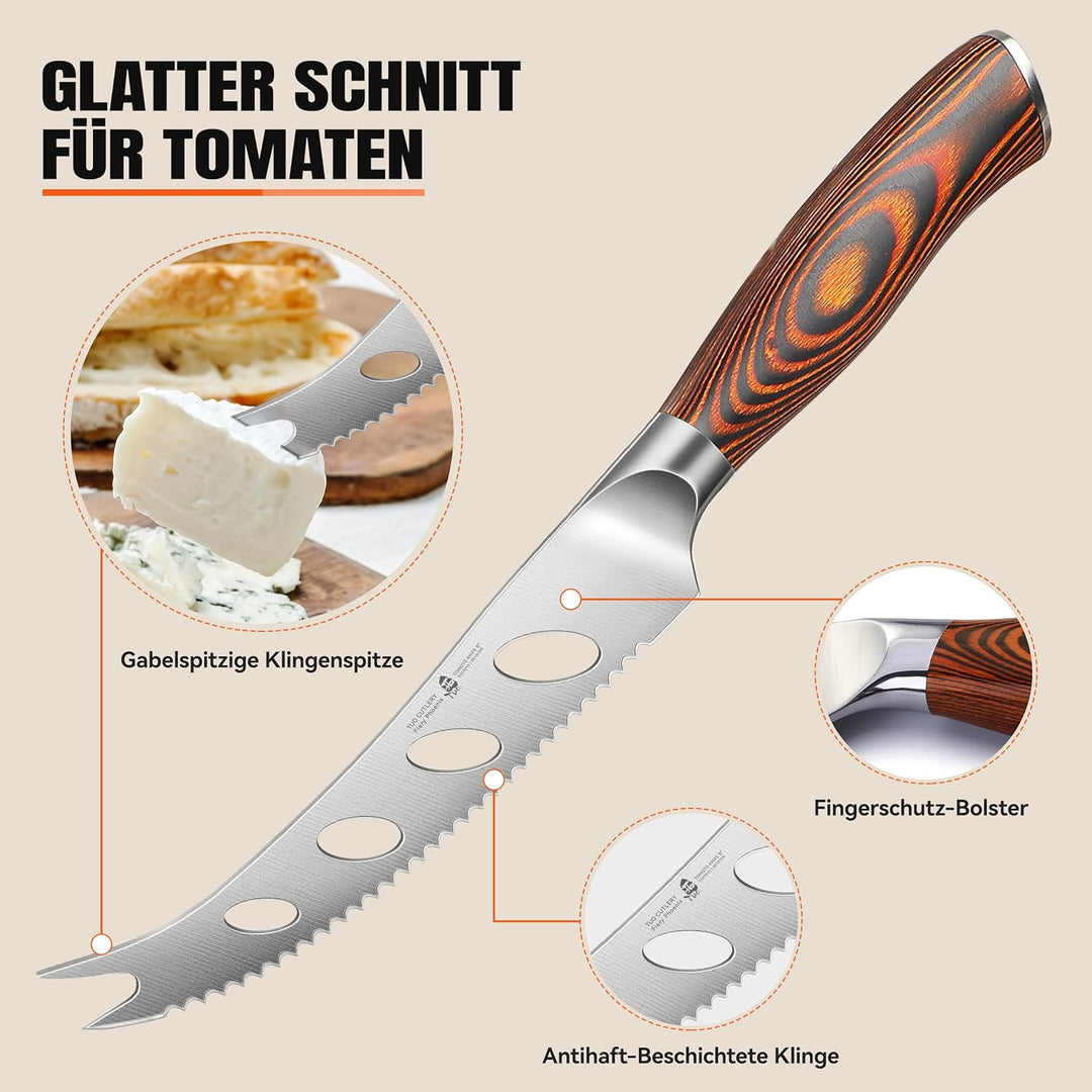 TUO Käsemesser mit Pakkaholz-Griff, Klingenlänge: 12,7cm, Gezahntes Käsepresser aus Deutschem Edelst
