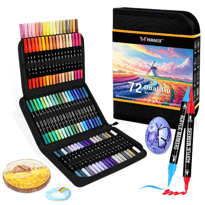 Pamaker 72 Farben Acrylstifte Set – Doppelseitige Spitzen, Multimarker für Steine, Holz, Stoff, Lein