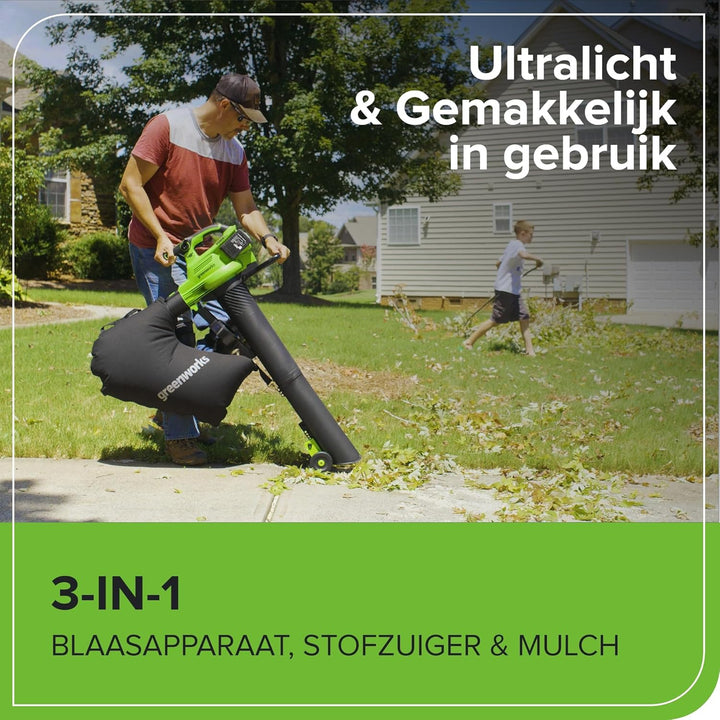 Greenworks 48V(24V x 2) Akku Laubsauger - Laubbläser mit Schultergurt, bürstenloser Motor, 386 km/h,