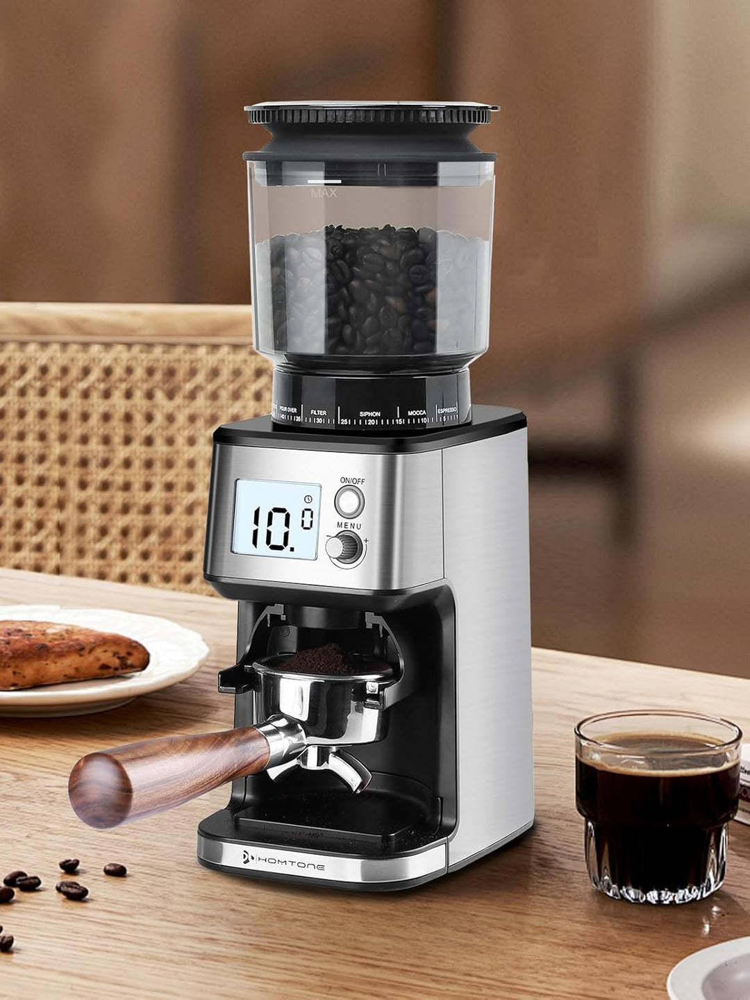 Homtone Elektrische Kaffeemühle für Siebträger und Behälter, 51 einstellbare Mahlgrade, Automatische