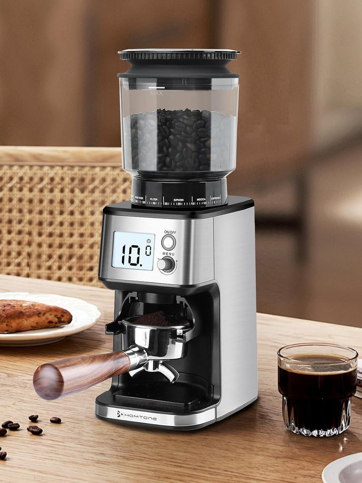 Homtone Elektrische Kaffeemühle für Siebträger und Behälter, 51 einstellbare Mahlgrade, Automatische