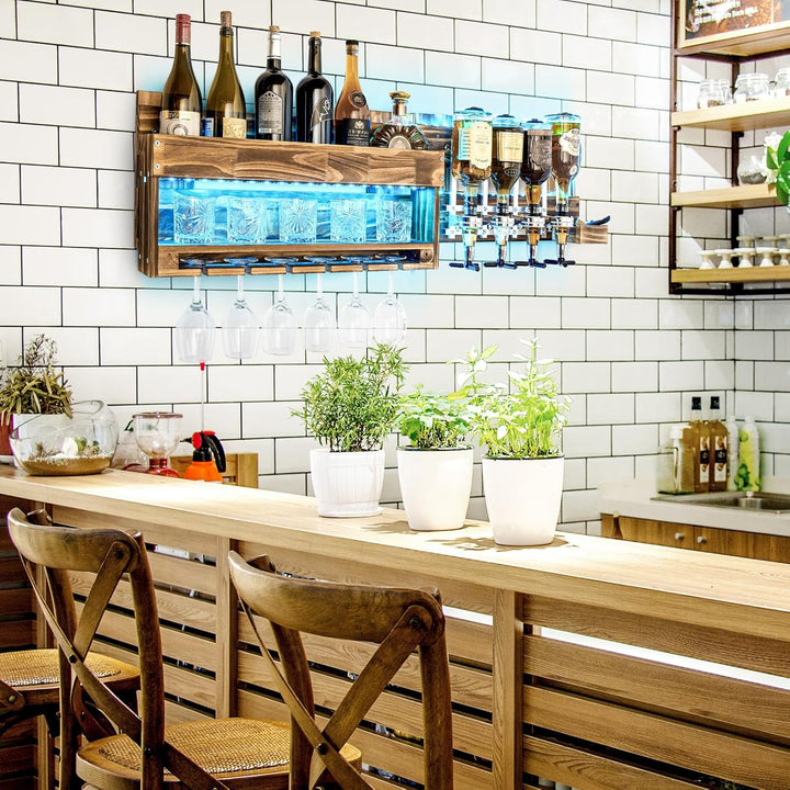 Yorbay Weinregal Mit LED-Licht Palette beflammt Holz, Wandbar mit 4 Getränkespender Wand Flaschenhal