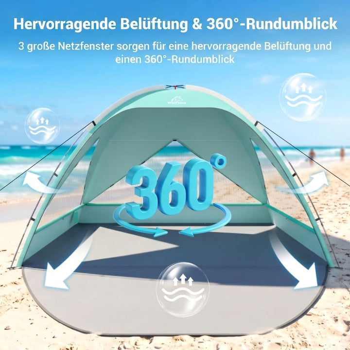 Wolfwise Strandmuschel UV Schutz, 3 Belüftungsfenster &amp; Tragetasche, Strand Zelt mit erweiterbarem B