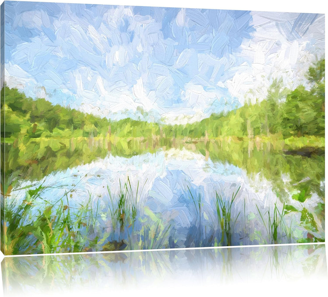 See im Wald Pinsel Effekt, Format: 100x70 auf Leinwand, XXL riesige Bilder fertig gerahmt mit Keilra