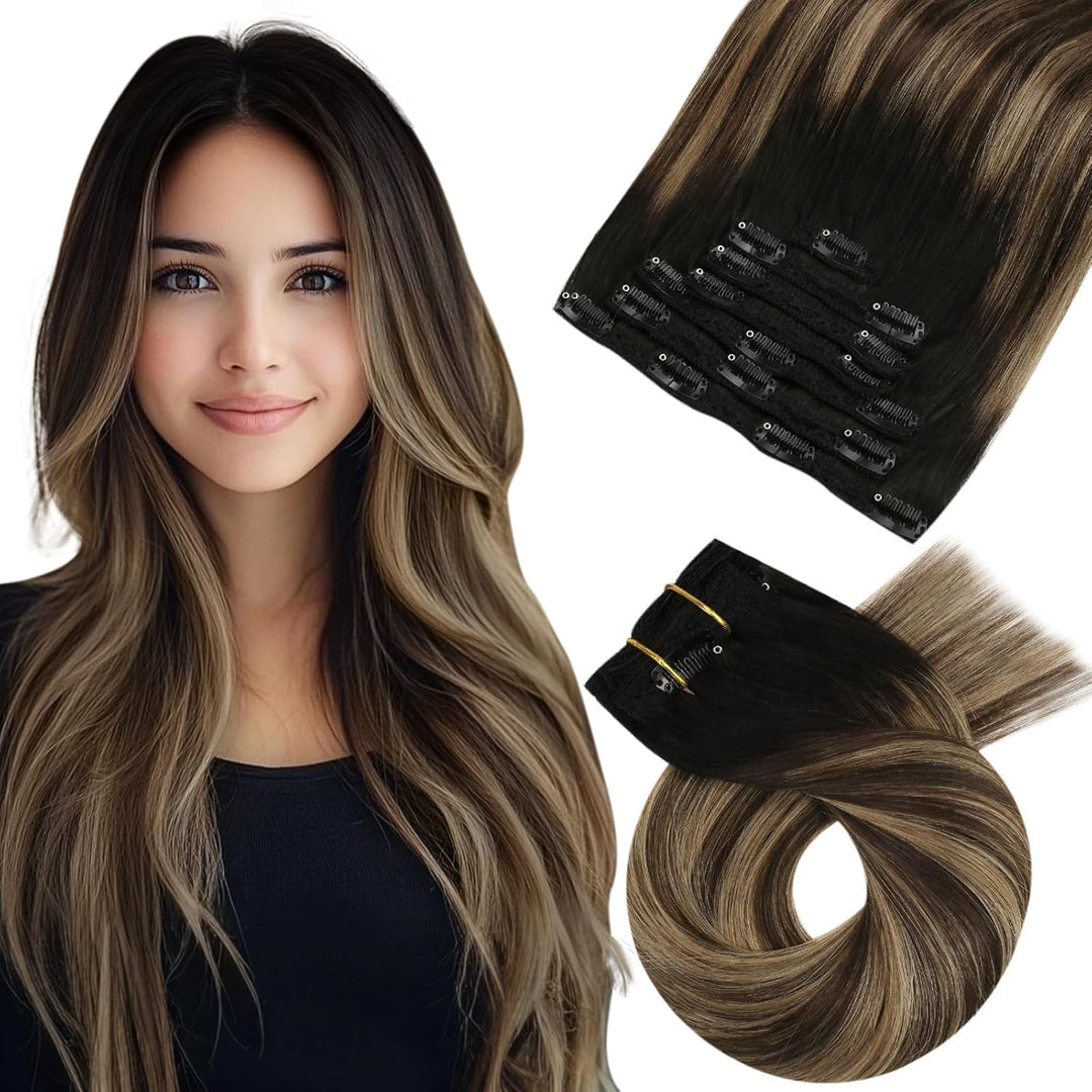 Moresoo Clip in Extensions Echthaar Schwarz Remy Echthaar Extensions Clip in Balayage Haarextension