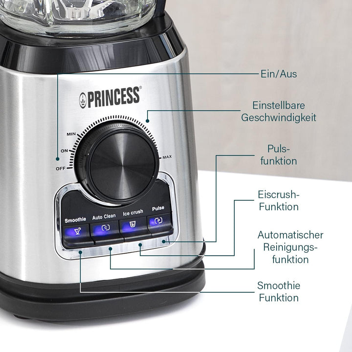 Princess Standmixer 212094 – 1400 Watt – 1,75 L Glaskrug – Puls-, Ice-Crush und Selbstreinigungsfunk
