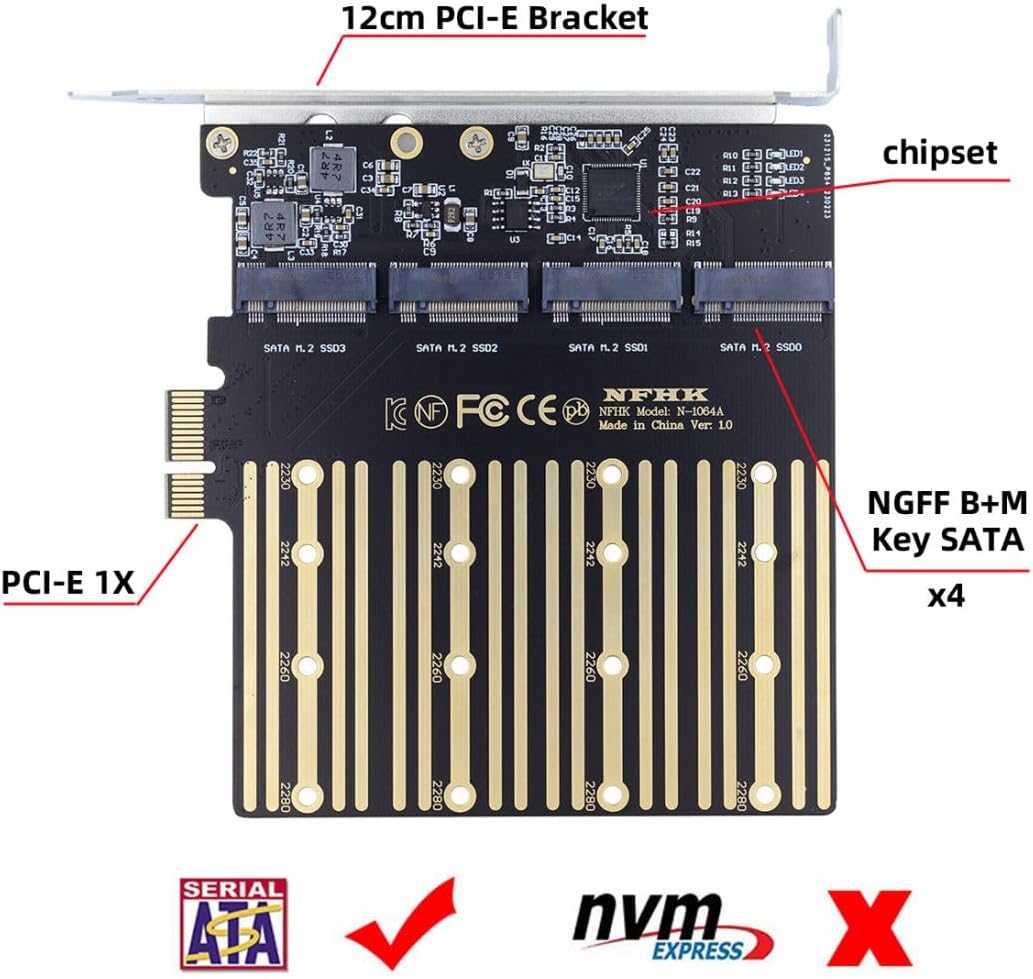 chenyang M.2 SSD auf PCI-E X1 Adapter 4 SATA NGFF SSD auf PCI-E X1 Erweiterungskartenadapter mit 12c