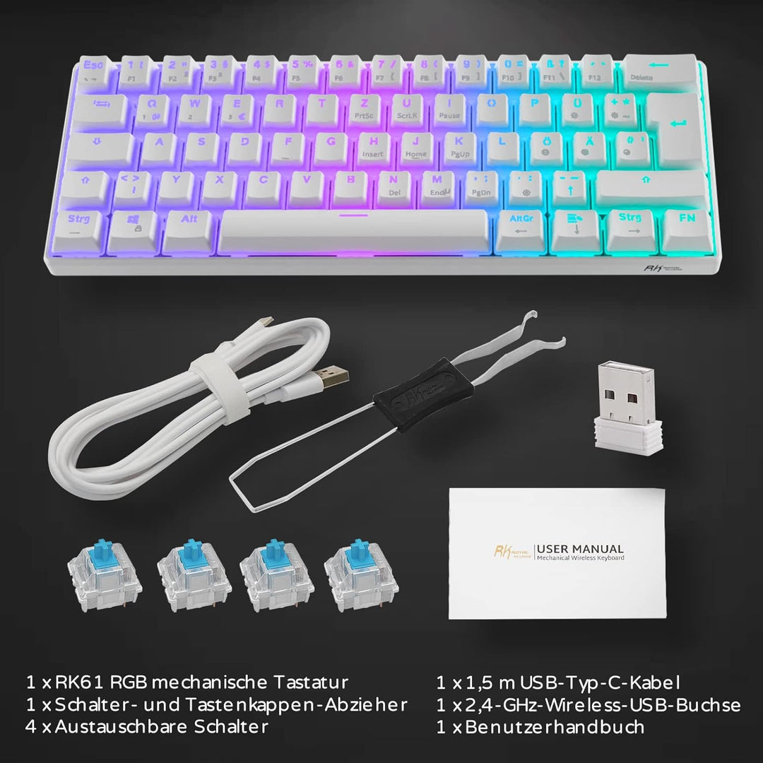 RK61 Mechanische Gaming-Tastatur, 2,4 GHz Wireless/Bluetooth/Wired 60% Mechanische Tastatur 61 Taste