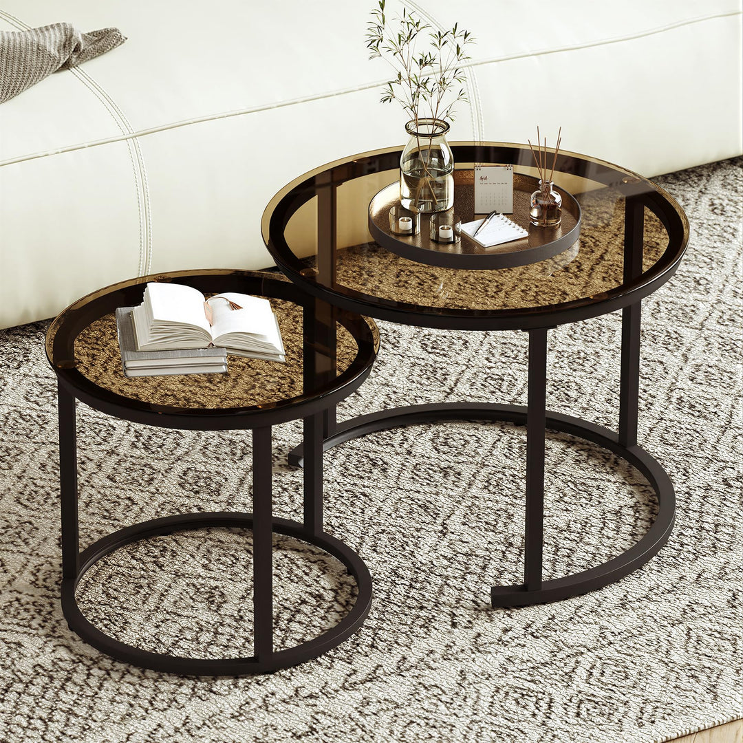 Hawthyhome 2 Stücke Beistelltisch Set rund, Moderne Kaffeetische, Couchtisch aus Glas mit Metallrahm