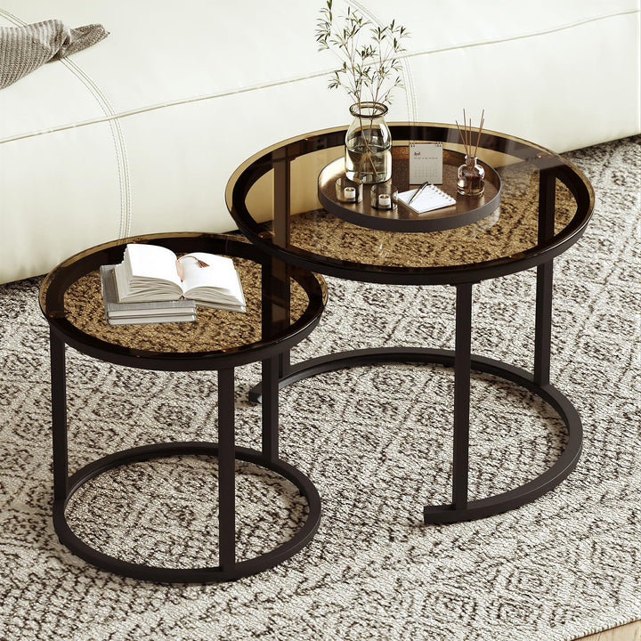 Hawthyhome 2 Stücke Beistelltisch Set rund, Moderne Kaffeetische, Couchtisch aus Glas mit Metallrahm
