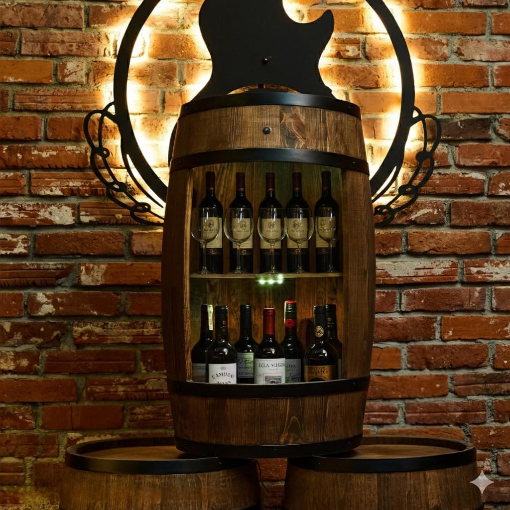 CREATIVE COOPER Holzfass Hausbar mit LED-Leuchten - Weinschrank im Retro Stil - Weinfass Bar - Weinr