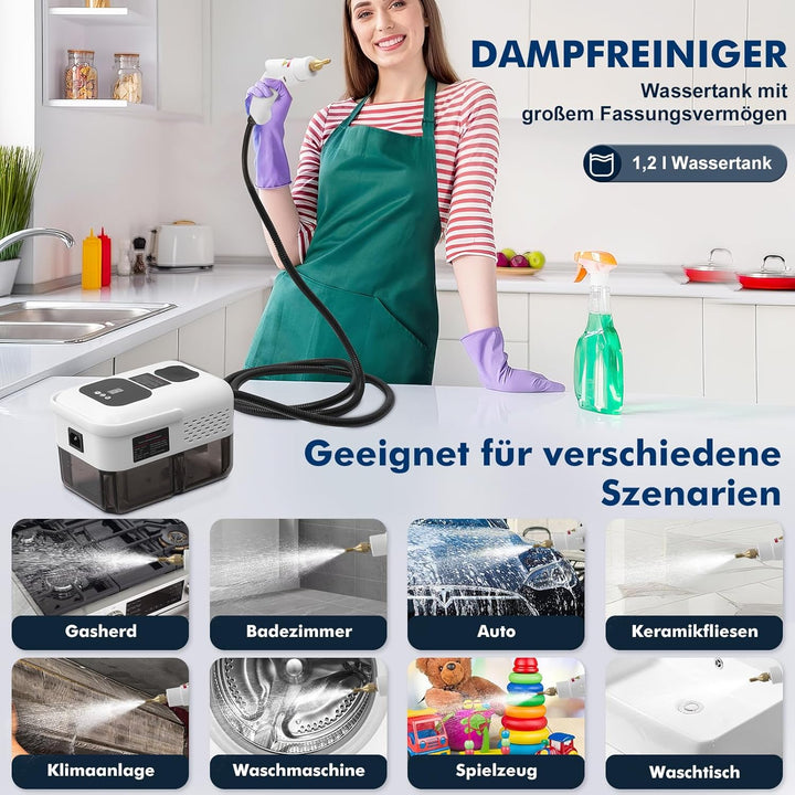 Dampfreiniger für Haushalt und Auto 2500W, 9-Stufig Einstellbarer Dampfreiniger, 1,2 l grosser Tank,