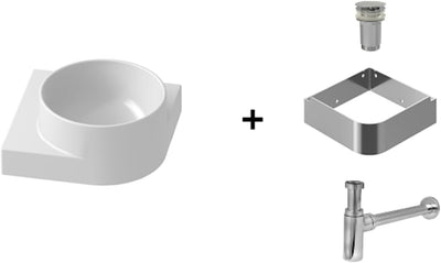 Eckwaschbecken-Set mit Original-Einbauregal und Edelstahl/Chrom Zubehör, Eckwaschbecken zur Wandmont