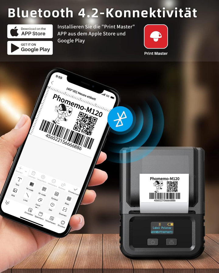 Phomemo M120 Etikettendrucker mit 3 Rollen Etikettenpapier, Bluetooth Thermo Beschriftungsgerät,Trag
