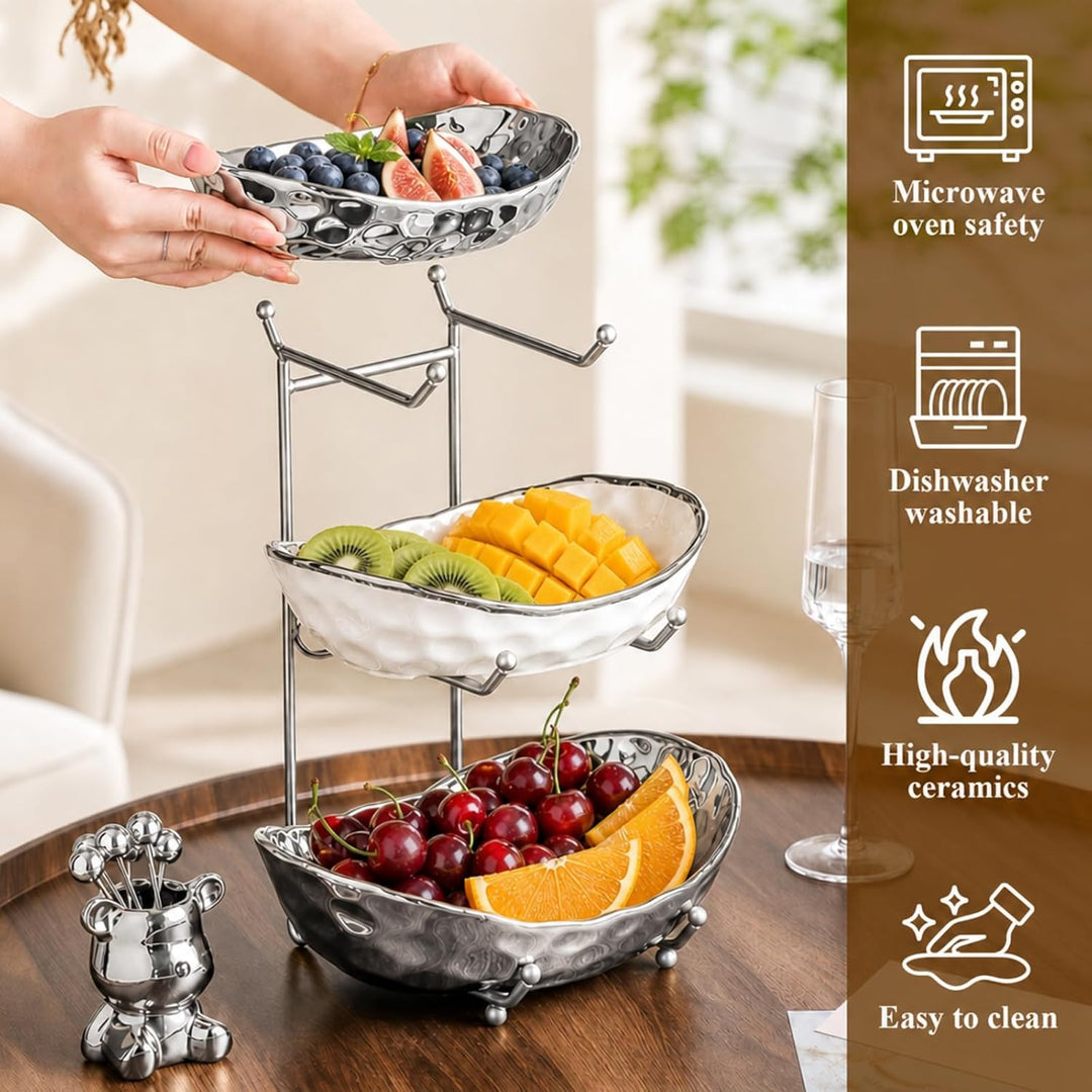 3-stufiger Obst Etagere Obstschale Keramik, Snackteller mit Metallgestell, für Küche, Wohnzimmer (We