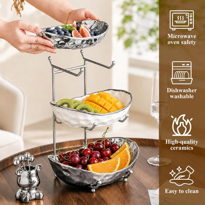 3-stufiger Obst Etagere Obstschale Keramik, Snackteller mit Metallgestell, für Küche, Wohnzimmer (We