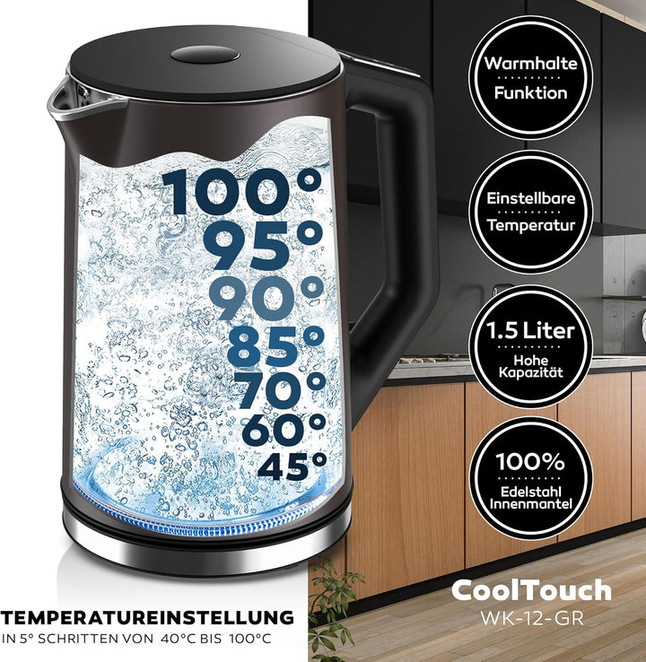 BALTER Edelstahl Wasserkocher mit Temperatureinstellung, 40°C-100°C, Doppelwand, BPA frei, leise & k