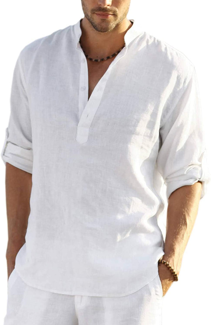 COOFANDY Herren Hemd Langarm Henley Shirt Leinenhemd Baumwolle Casual Regular Fit Sommerhemd Weiss M