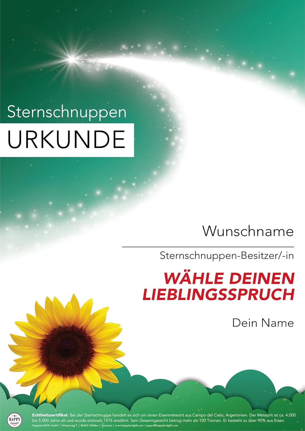 happylandgifts® Premium | Echte Sternschnuppe zum Danke Sagen | Personalisierte Urkunde mit Wunschna