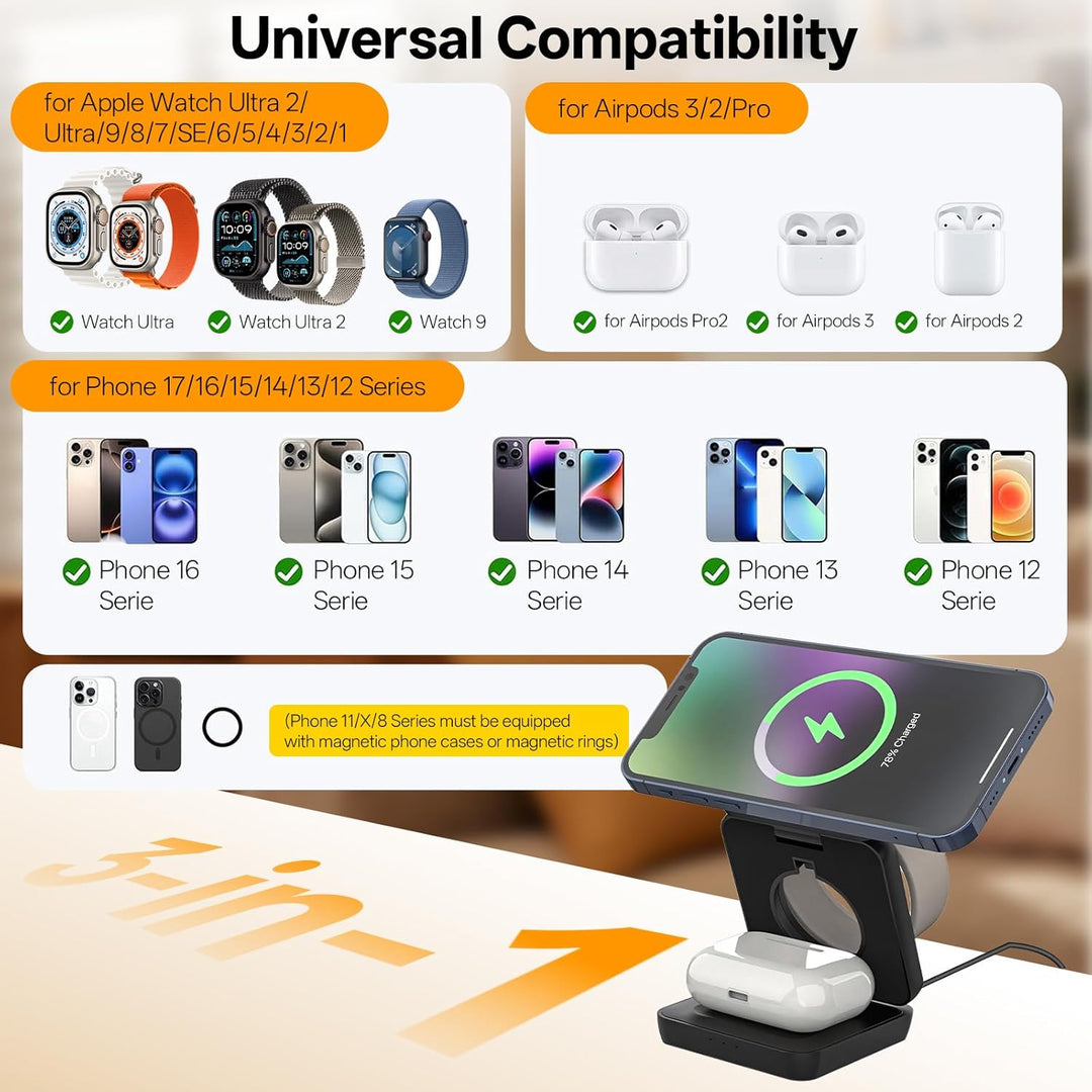 3 in 1 Faltbare Kabellose Ladestation, Induktive Ladestation für Apple Watch und Phone, Wireless Cha