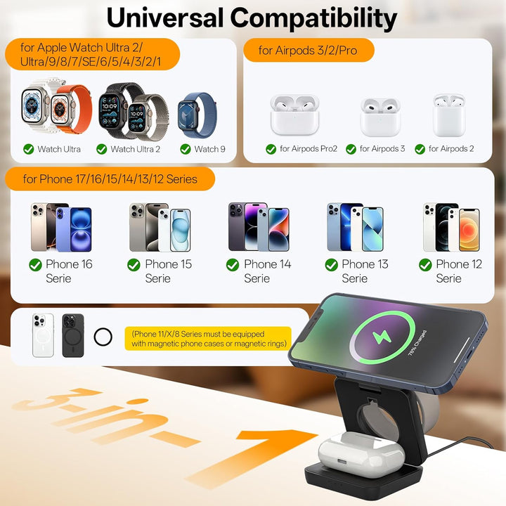 3 in 1 Faltbare Kabellose Ladestation, Induktive Ladestation für Apple Watch und Phone, Wireless Cha