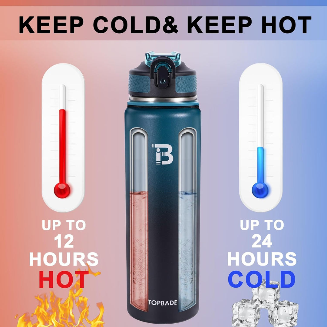 Edelstahl Trinkflasche 1000ml (+2 Deckel), Isolierte Wasserflasche mit Strohhalm, Auslaufsichere Iso