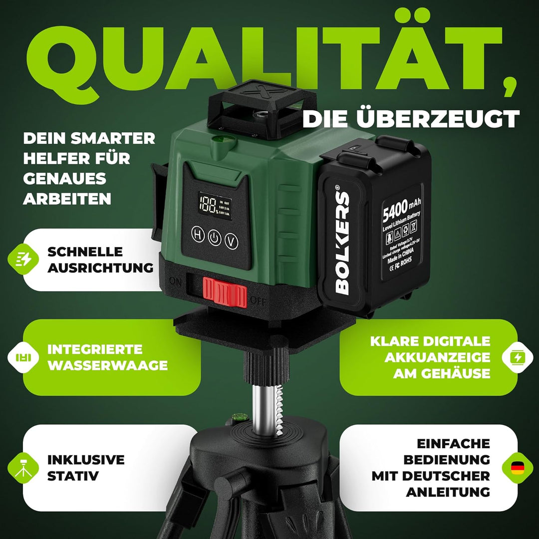 ProLaser 4x360° Kreuzlinienlaser mit Stativ – Grüner Selbstnivellierender Baulaser, 16 Linien, 2 Akk