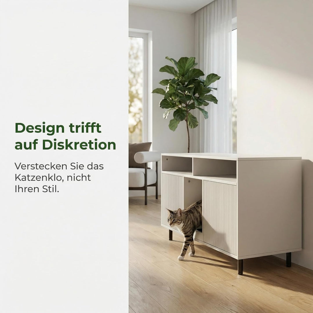 Katzenklo Schrank für 2 Katzen mit Sandauffangmatte, XXL Sideboard für Katzentoilette Versteckt, Mul