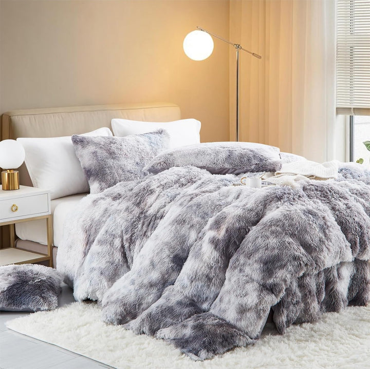 Freyamy Plüsch Bettwäsche 155x220cm Grau Langhaar Flauschig Warm Winterbettwäsche Flanell Samt Biber