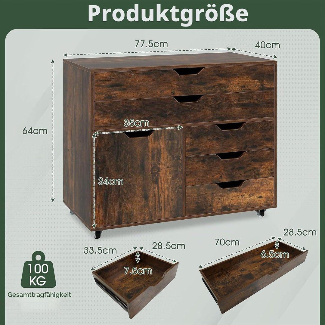 GIANTEX Rollcontainer mit 5 Schubladen &amp; 1 Schrank, mobiler Aktenschrank mit 5 Rollen, Schubladensch