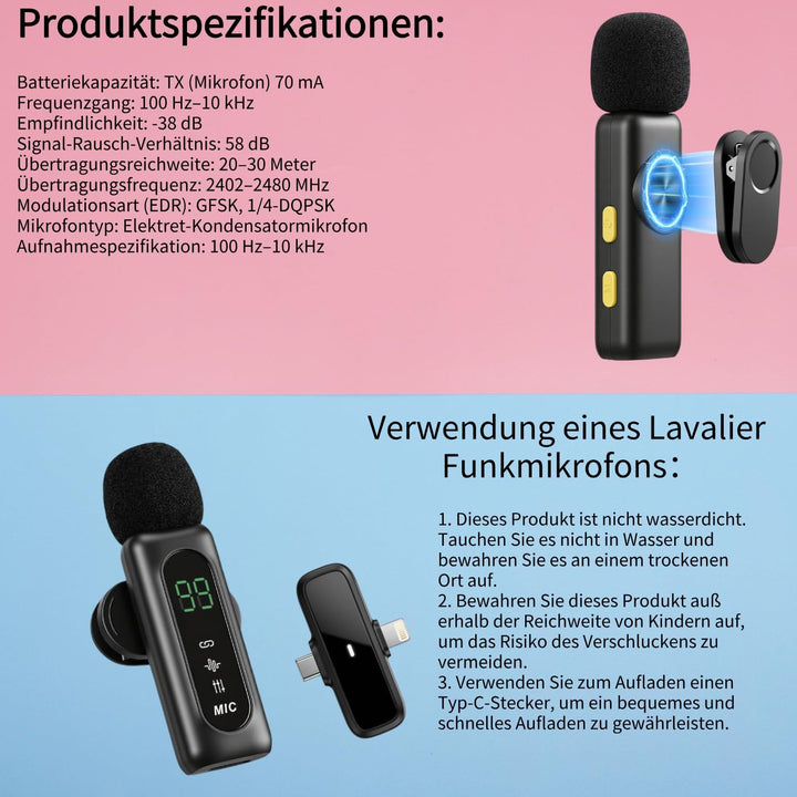 Plug-and-Play-Mini-Mikrofon, Kabelloses Lavalier Mikrofon für iOS/Android, geeignet für Interviews,